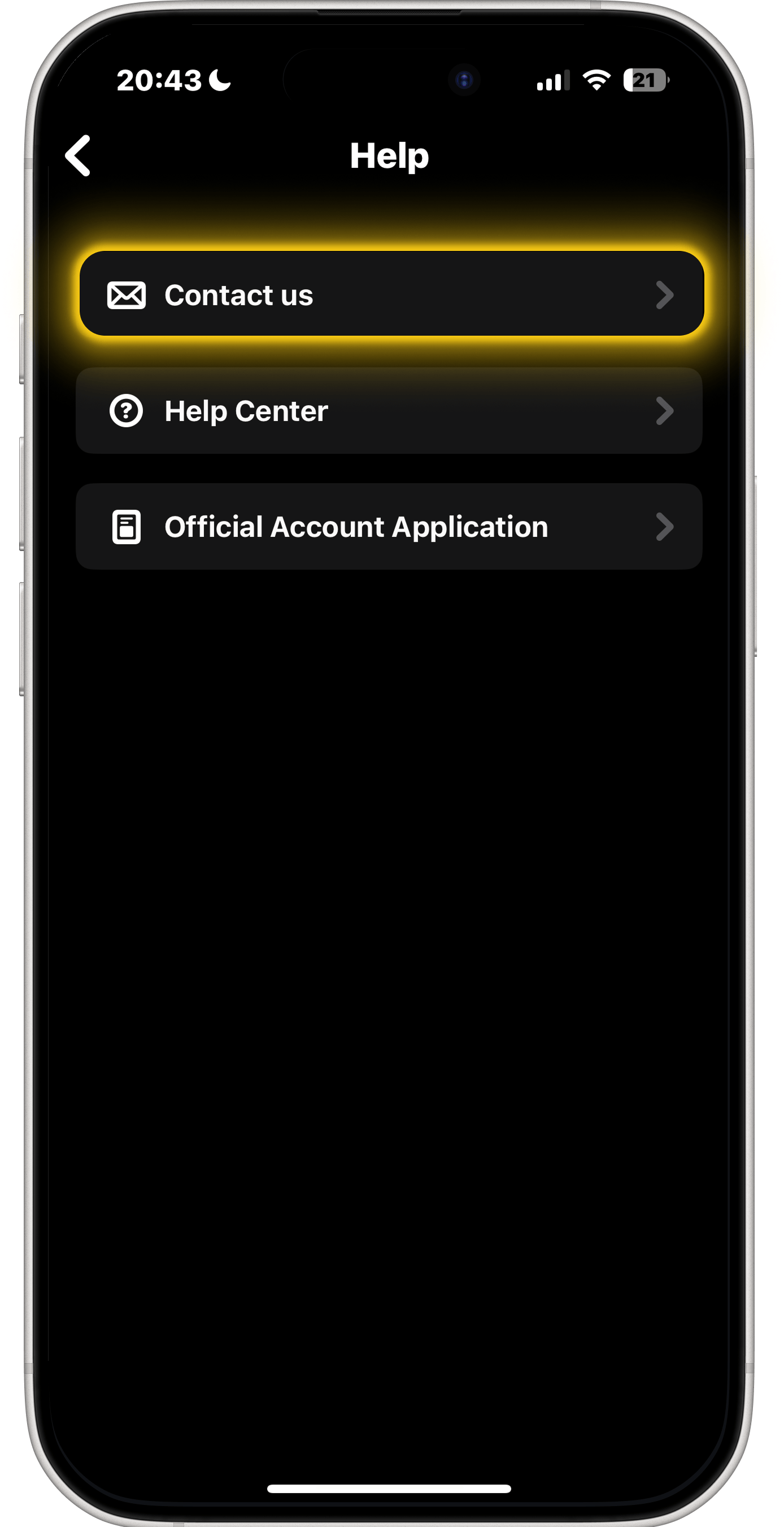 BeReal hjälpskärm — tryck på Kontakta oss